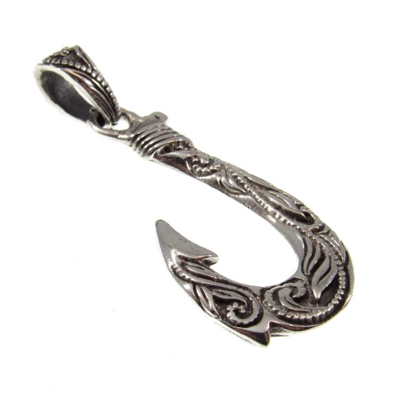 Solid 925 Sterling Silver Ornate Hawaiian Fish Hook Pendant - Fisherman Gift - Picture 7 of 9